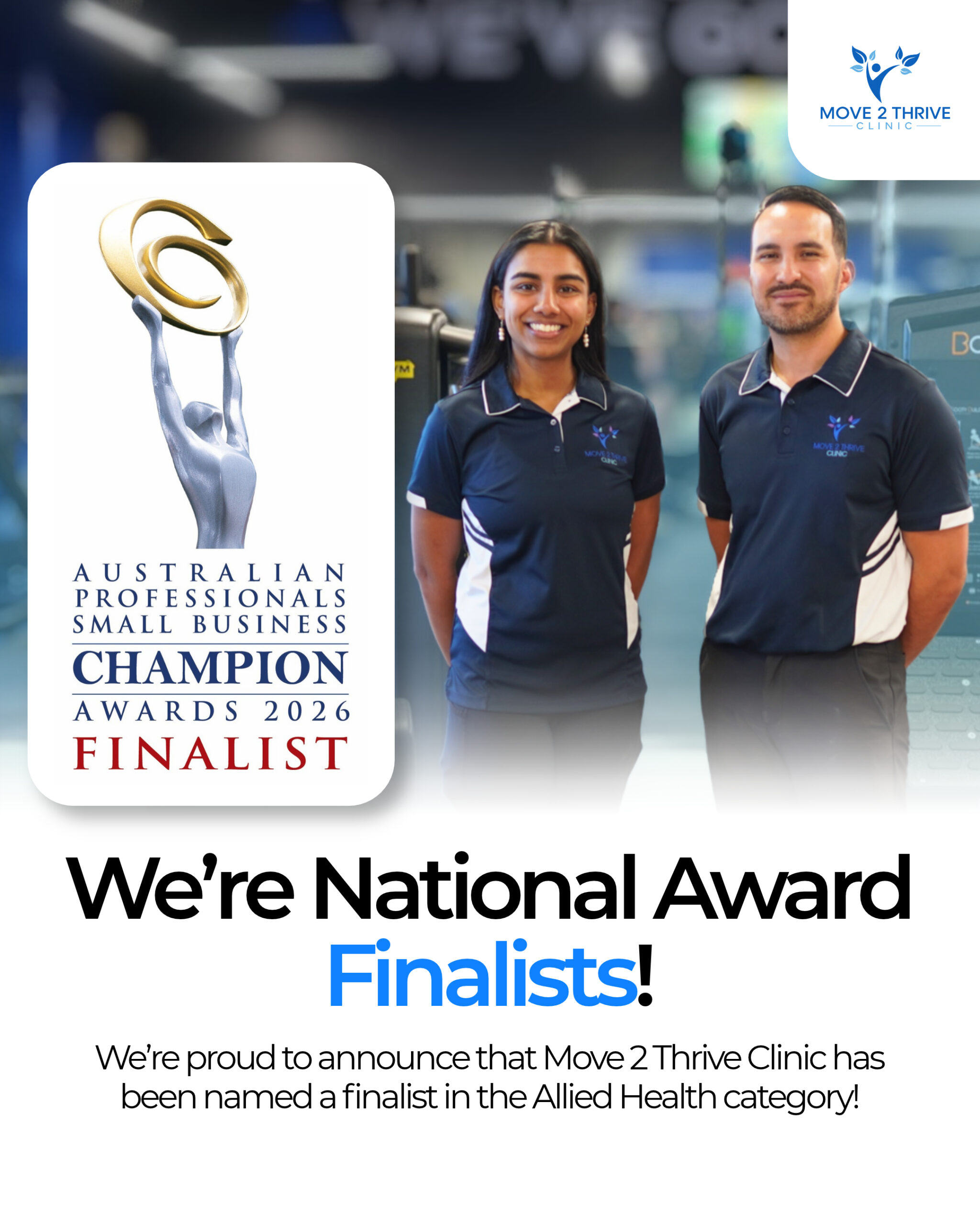 Move 2 Thrive Clinic team and 2026 Australian Professionals Small Business Champion Awards Allied Health finalist graphic